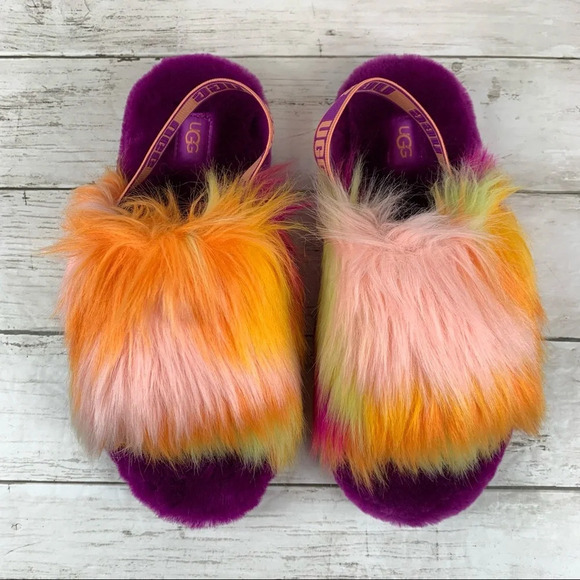 Ugg Fluff Yeah Tie Dye Slides Fluffy Slippers Orange Yellow Purple Logo - Picture 5 of 8